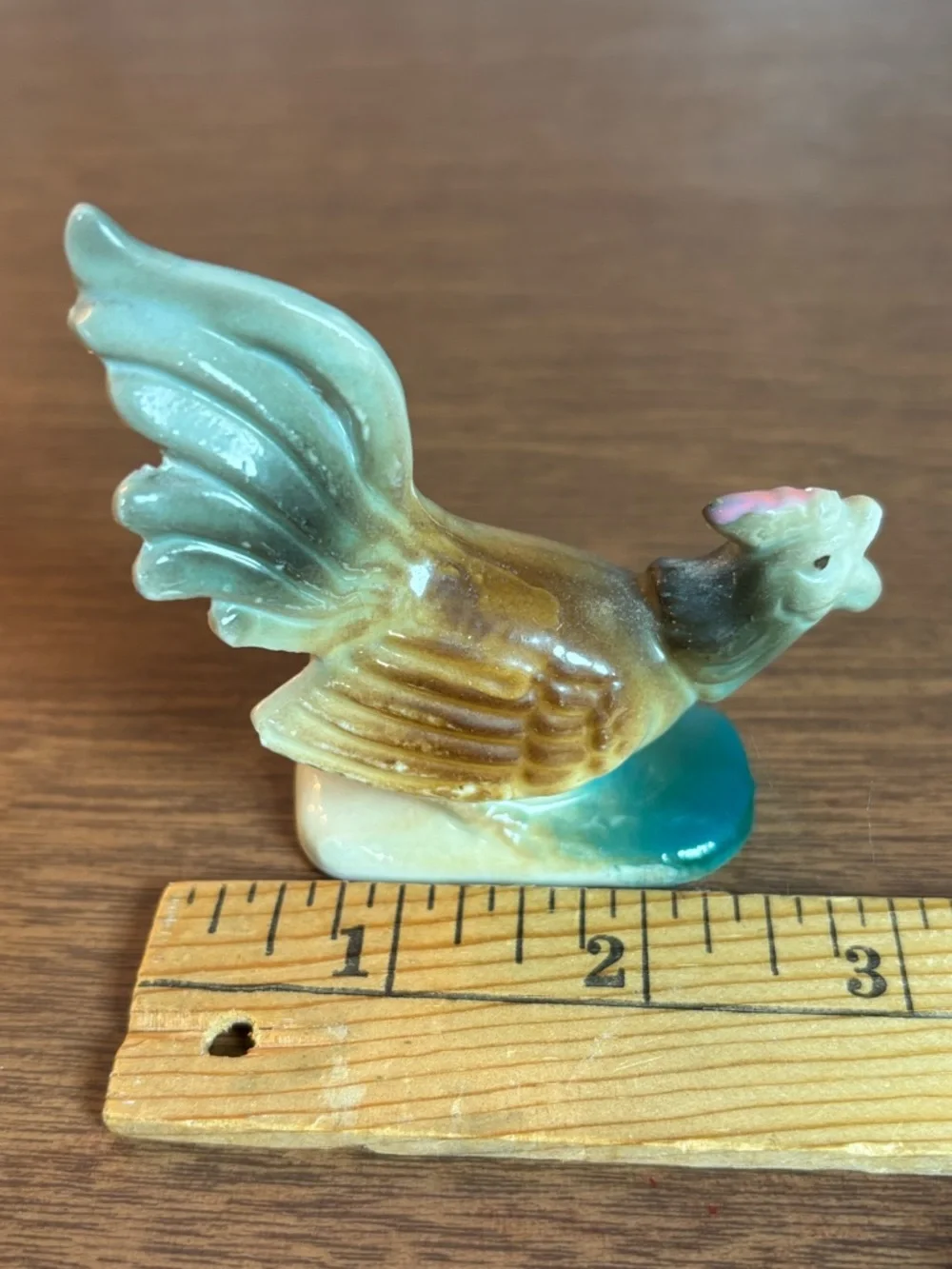 Ceramic Vintage Mini Rooster Figurine Japan Green, Brown, Cream
